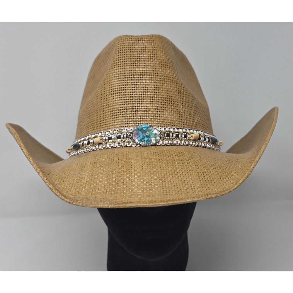 COG New York Cowboy Hat Woven Hard Straw Turquoise Medallion NWT